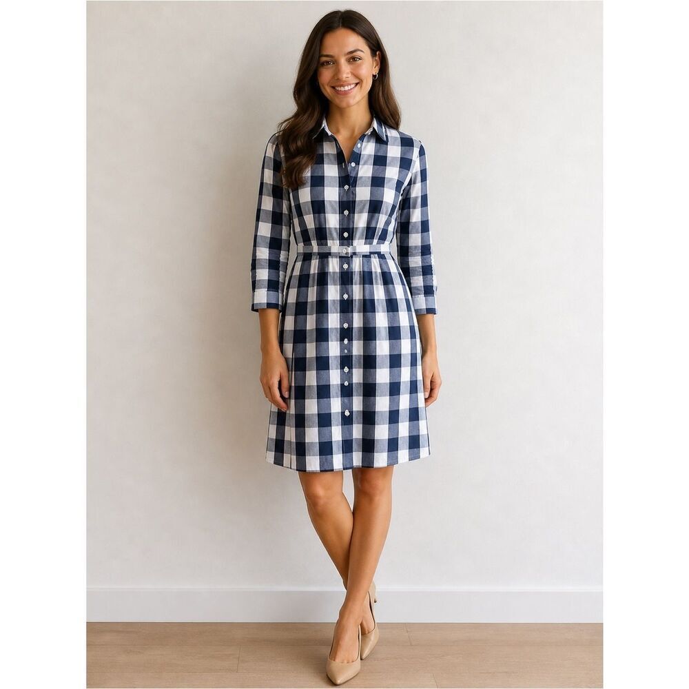 J. Crew Gingham Plaid Shirt Dress Long Sleeve Blue White SZ 00